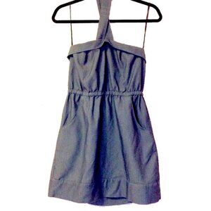 SEXY RETRO HALTER CRISS CROSS NECKL CHAMBRAY MINI DRESS WITH POCKETS SUMMER SZ S